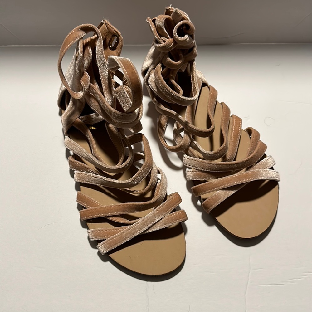 NWOT blush pink velvet sandal with ankle tie straps and zipper backs